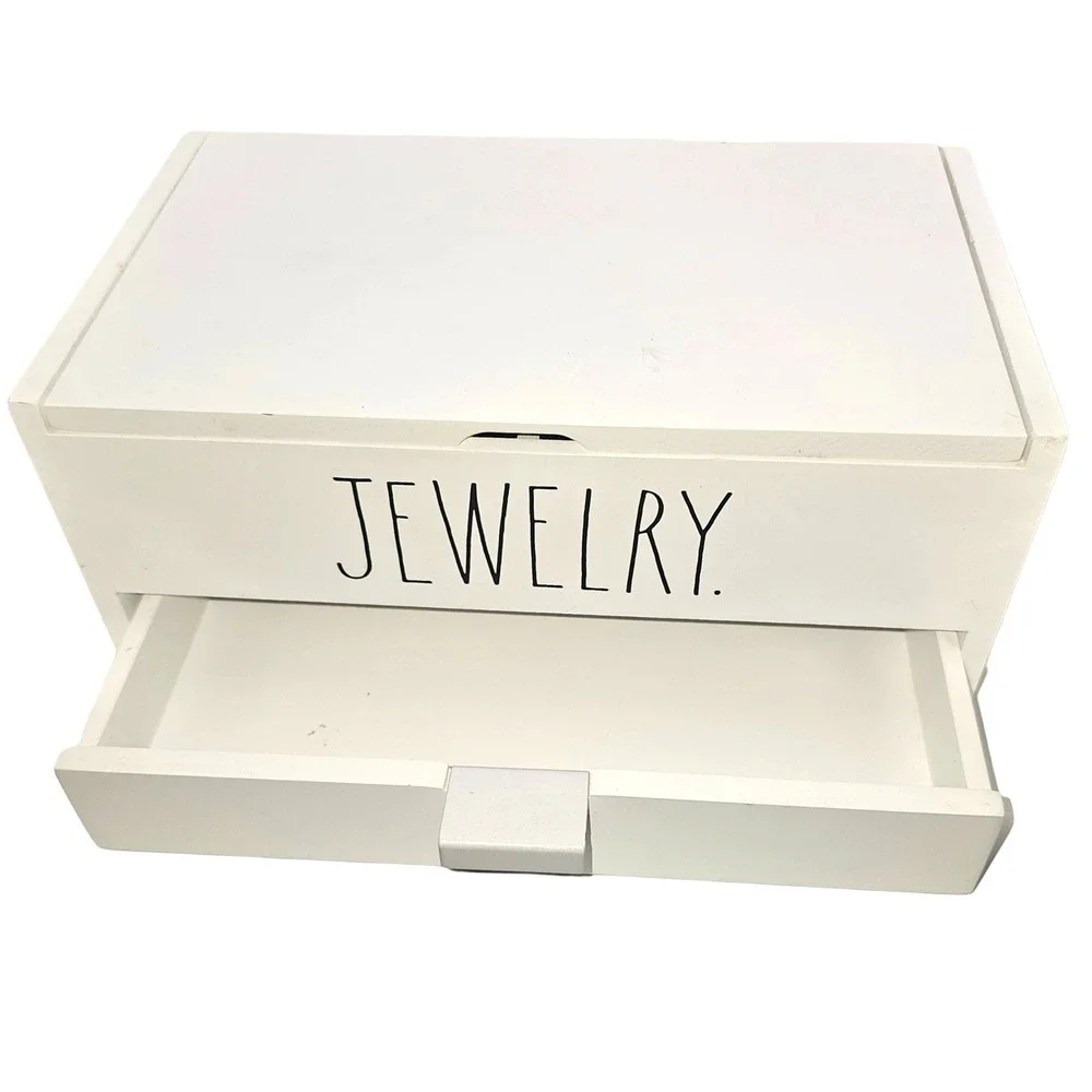 Rae Dunn White Wooden Jewelry Box Organizer with Mirror & Drawer Farmhouse Style